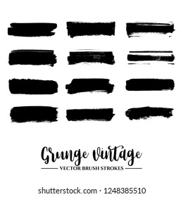 Set of black brush stroke and texture. Grunge vector abstract hand - painted element. Frames and borders.