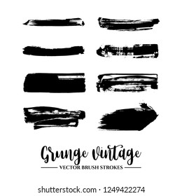 Set of black brush stroke and texture. Grunge vector abstract hand - painted element. Underline and border.