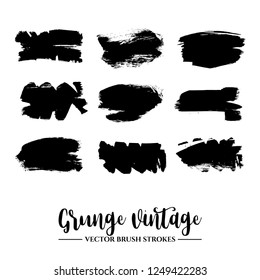 Set of black brush stroke and texture. Grunge vector abstract hand - painted element. Underline and border.