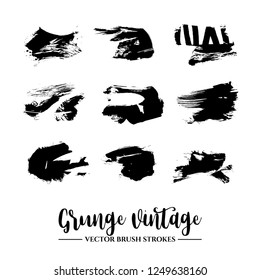 Set of black brush stroke and texture. Grunge vector abstract hand - painted element. Underline and border.