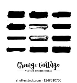Set of black brush stroke and texture. Grunge vector abstract hand - painted element. Underline and border.