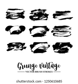 Set of black brush stroke and texture. Grunge vector abstract hand - painted element. Underline and border.