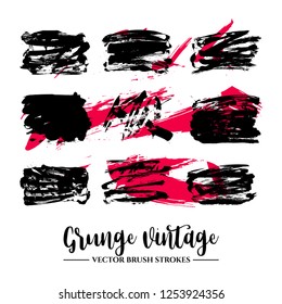 Set of black brush stroke and texture. Grunge vector abstract hand - painted element. Underline and border.