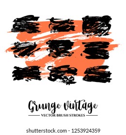 Set of black brush stroke and texture. Grunge vector abstract hand - painted element. Underline and border.