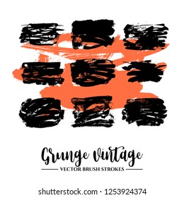 Set of black brush stroke and texture. Grunge vector abstract hand - painted element. Underline and border.