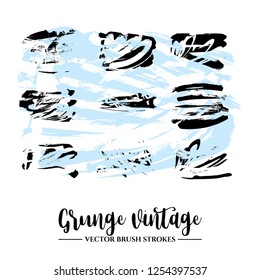 Set of black brush stroke and texture. Grunge vector abstract hand - painted element. Underline and border.