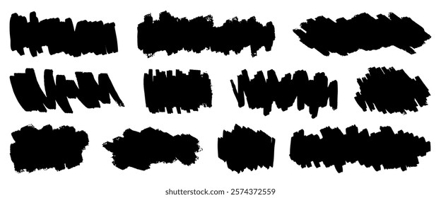 Set of black brush strokes. Abstract brush strokes in various shapes. Grunge brush strokes for artistic design. Bold black brush strokes for creative projects. Creative elements, vector set.