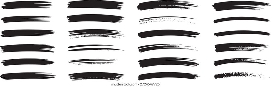 Conjunto de pinceladas negras en diferentes texturas y estilos mostrados sobre un fondo blanco limpio, ideal para realzar Diseños gráficos y proyectos visuales creativos.