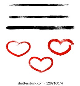 Set of black brush strokes and drawn hearts