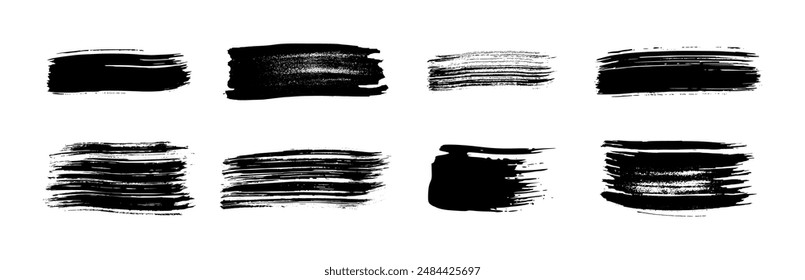 Conjunto de pinceladas negras. Manchas de tinta dibujadas a mano aisladas sobre fondo blanco. Ilustración vectorial
