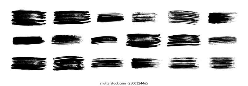 Conjunto de pinceladas negras. Manchas de tinta dibujadas a mano aisladas sobre fondo blanco. Ilustración vectorial