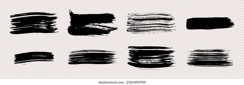 Set of black brush strokes. Hand drawn ink spots isolated on transparent background. Vector illustration