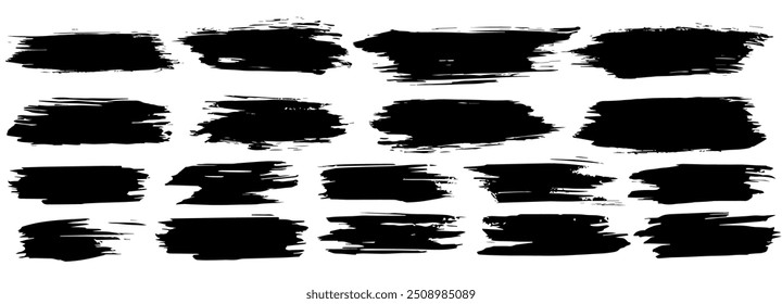 Conjunto de pinceladas negras. Manchas de tinta dibujadas a mano aisladas sobre fondo blanco. Vector Ilustración de stock. Aislado en un fondo blanco.