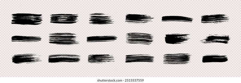 Conjunto de pinceladas negras. Manchas de tinta dibujadas a mano aisladas sobre fondo transparente. Ilustración vectorial