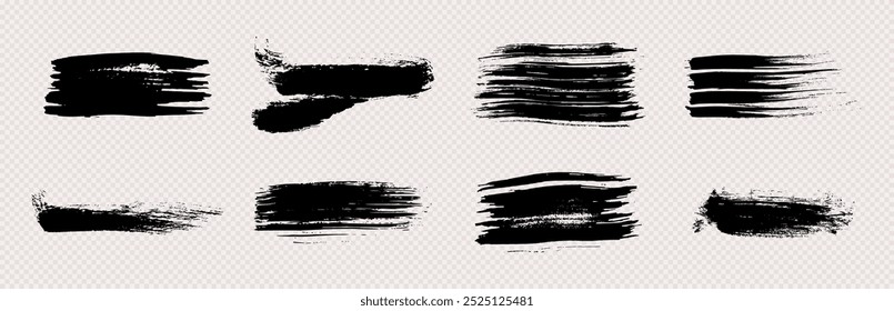 Satz schwarzer Pinselstriche. Handgezeichnete Tintenflecken einzeln auf transparentem Hintergrund. Vektorgrafik