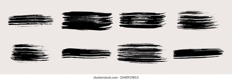 Conjunto de pinceladas negras. Manchas de tinta dibujadas a mano aisladas sobre fondo transparente. Ilustración vectorial