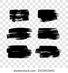 Set of black brush strokes. Hand drawn ink spots isolated on transparent background. Vector illustration