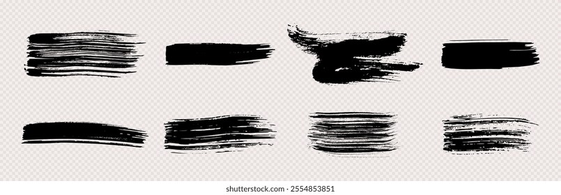 Set of black brush strokes. Hand drawn ink spots isolated on transparent background. Vector illustration