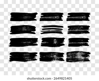 Conjunto de pinceladas negras. Manchas de tinta dibujadas a mano aisladas sobre fondo transparente. Ilustración vectorial