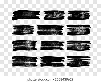 Conjunto de traçados de pincel preto. Manchas de tinta desenhadas à mão isoladas sobre fundo transparente. Ilustração vetorial