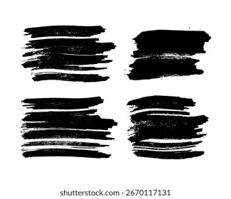 Conjunto de traçados de pincel preto. Manchas de tinta desenhadas à mão isoladas no fundo branco. Ilustração vetorial