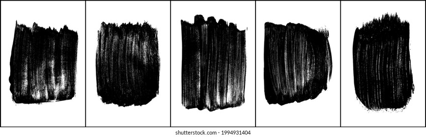 Satz von schwarzen Pinselstrichen einzeln auf weiß. Tintenfleck. Farbige Tröpfchen. Digitales Bild. Vektordesign-Elemente, Illustration, EPS10.