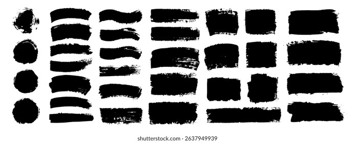 Set of black  brush strokes, lines, hand painted design elements. Boxes, textures, backgrounds for text. Rough grunge edges. Artistic brushes.