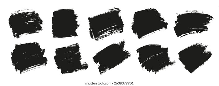 Set of black brush strokes, lines, hand painted design elements. Boxes, textures, backgrounds for text. Rough grunge edges. Artistic brushes.