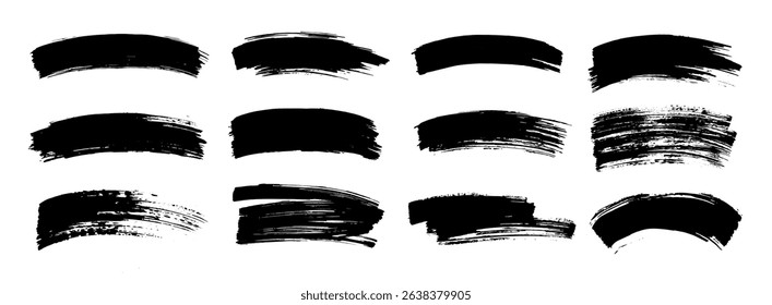 Set of black brush strokes, lines, hand painted design elements. Boxes, textures, backgrounds for text. Rough grunge edges. Artistic brushes.