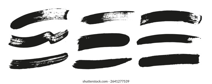 Set of black brush strokes, lines, hand painted design elements. Boxes, textures, backgrounds for text. Rough grunge edges. Artistic brushes.