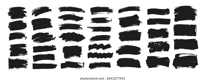 Set of black brush strokes, lines, hand painted design elements. Boxes, textures, backgrounds for text. Rough grunge edges. Artistic brushes.