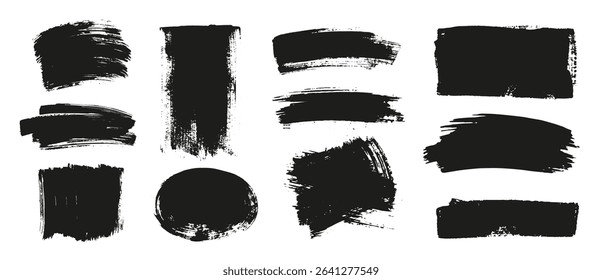 Set of black brush strokes, lines, hand painted design elements. Boxes, textures, backgrounds for text. Rough grunge edges. Artistic brushes.