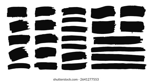 Set of black brush strokes, lines, hand painted design elements. Boxes, textures, backgrounds for text. Rough grunge edges. Artistic brushes.