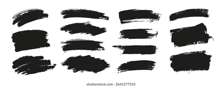 Set of black brush strokes, lines, hand painted design elements. Boxes, textures, backgrounds for text. Rough grunge edges. Artistic brushes.