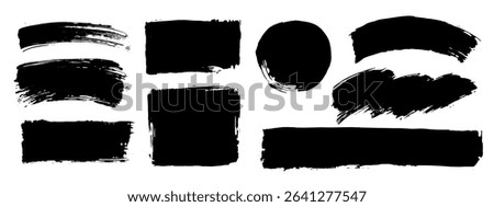 Set of black brush strokes, lines, hand painted design elements. Boxes, textures, backgrounds for text. Rough grunge edges. Artistic brushes.