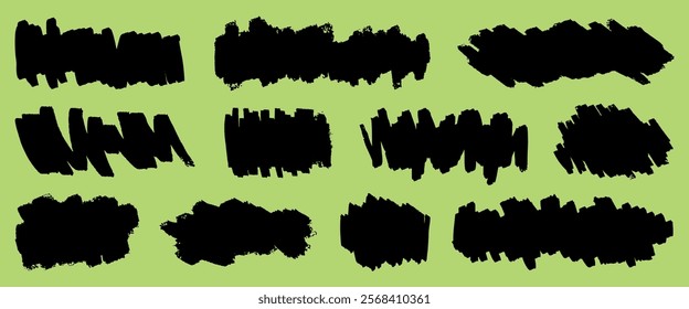 Set of black brush strokes on a green background. Brush strokes vary in shape and size. Ideal for artistic, creative, and design projects. Brush strokes for texture. Creative elements, vector set.