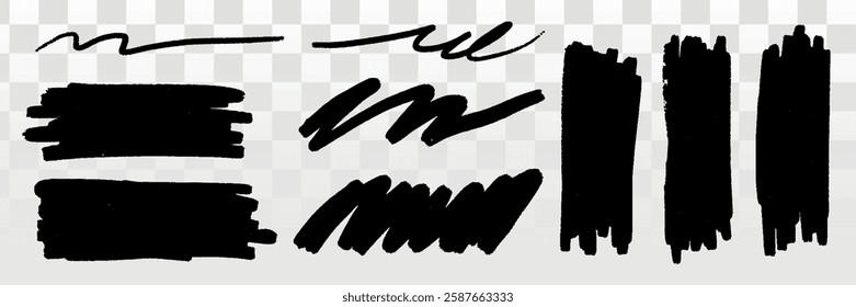 Set of black brush strokes on transparent background. Various brush strokes, bold and thin. Artistic brush strokes for design. Brush strokes collection. Creative elements, vector set.