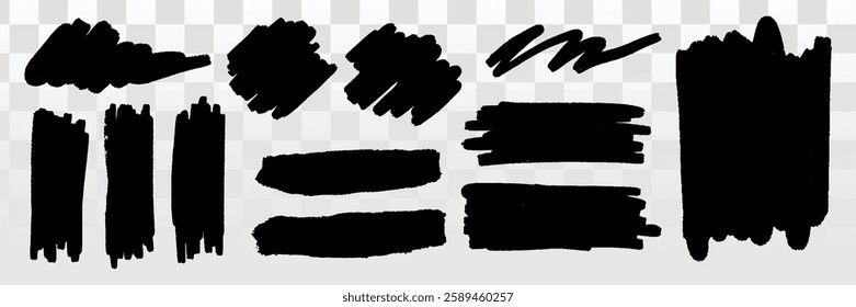 Set of black brush strokes on transparent background. Brush strokes vary in size and shape. Ideal for artistic design, texture, and creative projects. Creative elements, vector set.