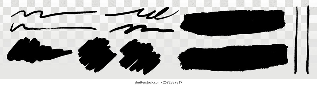Set of black brush strokes on transparent background. Brush strokes vary in thickness and style. Ideal for design, art, and creative projects. Hand drawn illustrations, vector set.