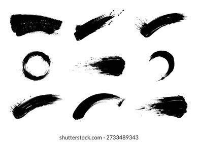 A set of black brush strokes on a white background, ideal for artistic design, illustration, and creative projects. The collection features various brush strokes, from smooth and flowing to textured and expressive, offering a range of possibilities for artistic expression and visual storytelling.