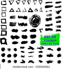 Set of Black Brush Strokes. Paint, ink, brushes, lines, grunge. Dirty artistic design elements, boxes, frames. Freehand drawing. Vector illustration. Isolated on white background.