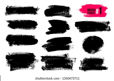 Set Of Black Brush Strokes, Paint, Ink, Grunge, Brushes, Lines. Dirty Artistic Elements, Boxes, Frames. Freehand Drawing. Vector Illustration. Isolated On White Background.