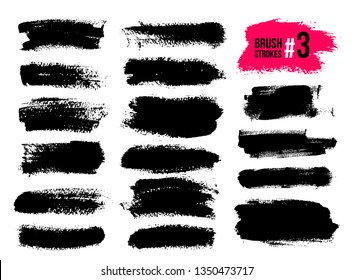 Set Of Black Brush Strokes, Paint, Ink, Grunge, Brushes, Lines. Dirty Artistic Elements, Boxes, Frames. Freehand Drawing. Vector Illustration. Isolated On White Background.
