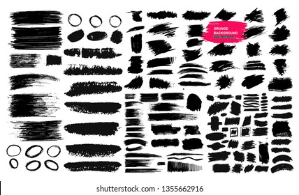 Set of black brush strokes, paint, ink, grunge, brushes, lines. Dirty artistic elements, boxes, frames. Freehand drawing. Vector illustration. Isolated on white background.