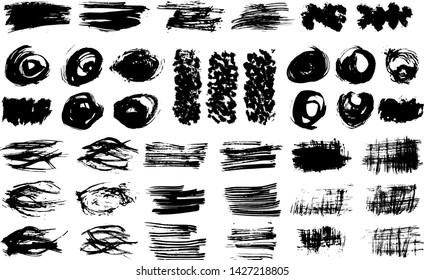 Set of Black Brush Strokes. Paint, ink, brushes, lines, grunge. Dirty artistic design elements, boxes, frames. Freehand drawing. Vector illustration. Isolated on white background.