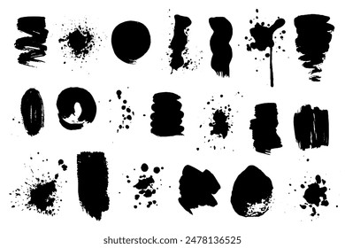 Setzen Sie schwarze Pinselstriche, malen Sie Grunge-Spots, Sprühspritzer Vektorgrafik aus dem Hintergrund heraus
