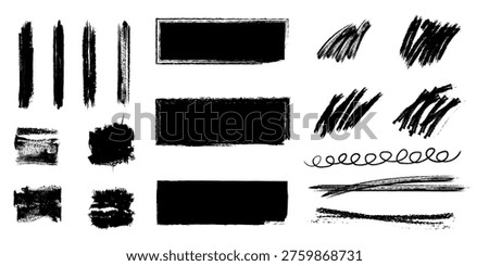 A set of black brush strokes and shapes in different sizes and styles on a white background for artistic use