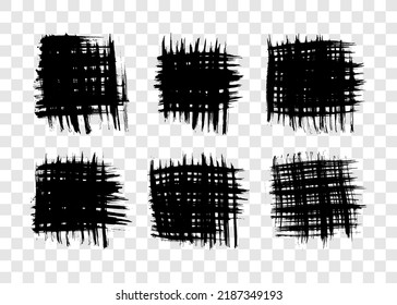 Set of black brush strokes in square form. Hand drawn ink spot isolated on transparent background. Vector illustration