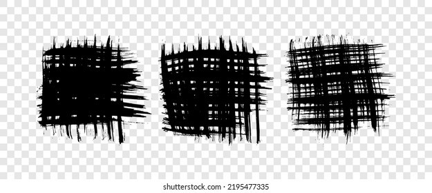 Set of black brush strokes in square form. Hand drawn ink spot isolated on transparent background. Vector illustration
