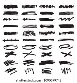 Set of black brushes. Collection of isolated graphic elements. Texture and background.